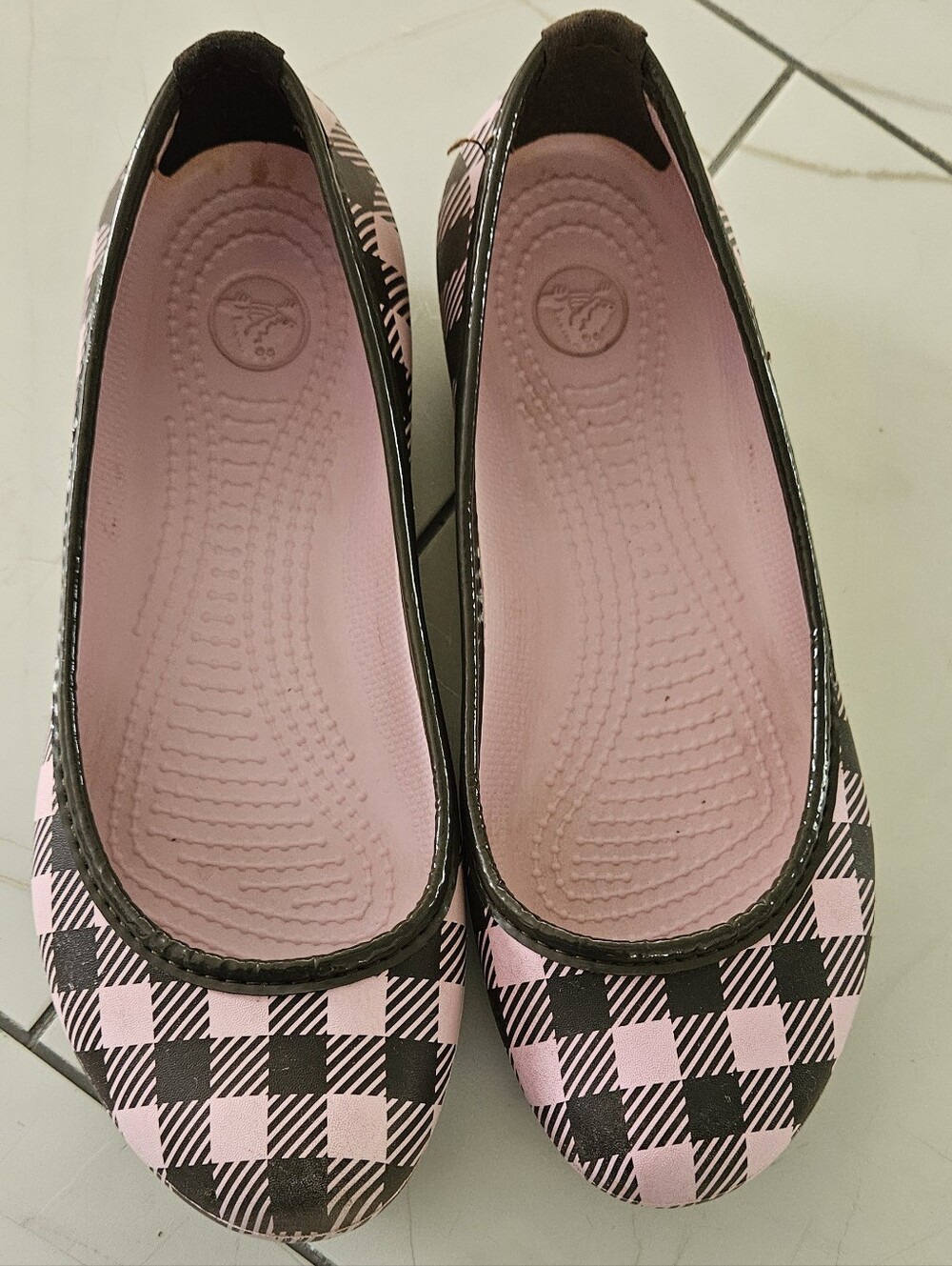 CROCS Pink and Black Plaid Women's Ballet Flats